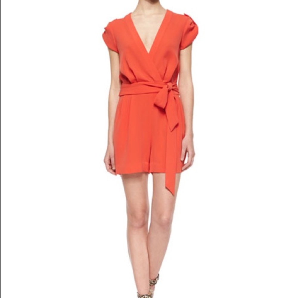 Diane von Furstenberg Purdette Tie Waist Short Romper Orange Crepe